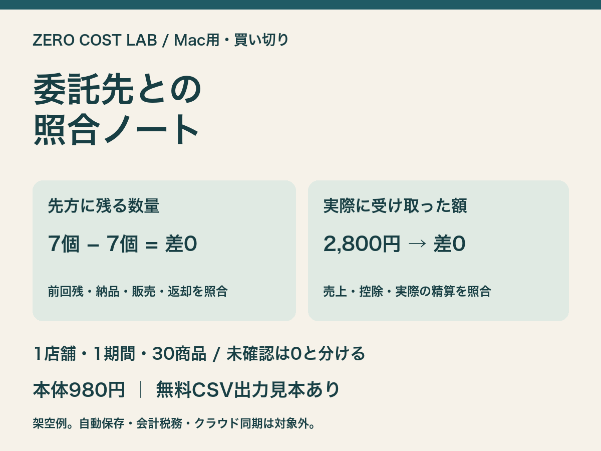 委託先との照合ノートの数量差と精算差の架空例