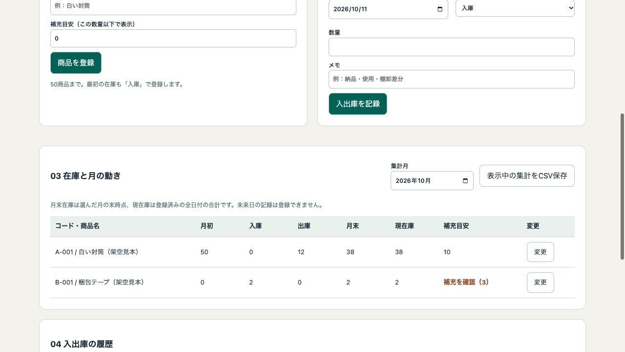 在庫ノートの月初・入出庫・月末・現在庫の表示